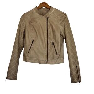 Free People Vegan Leather Small Moto Jacket Tan Quilted Sleeve Asymmetric Zip